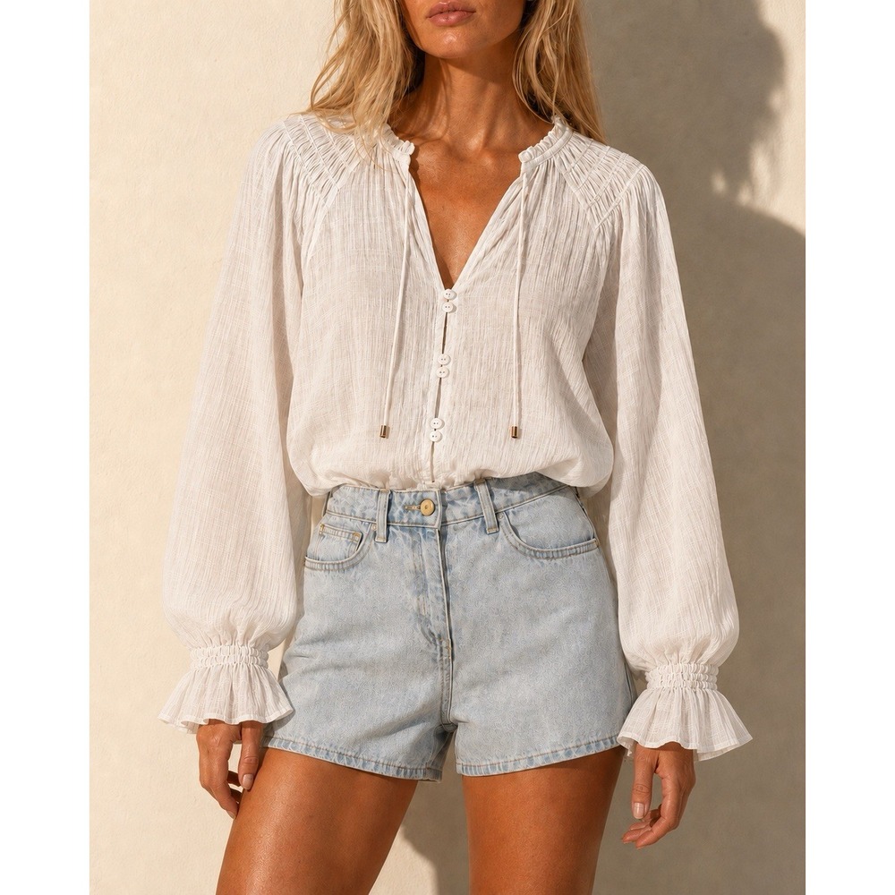 KIVARI White Textured Cotton Button-Down Split-Neck Peasant Blouse Ruffle Cuff 2